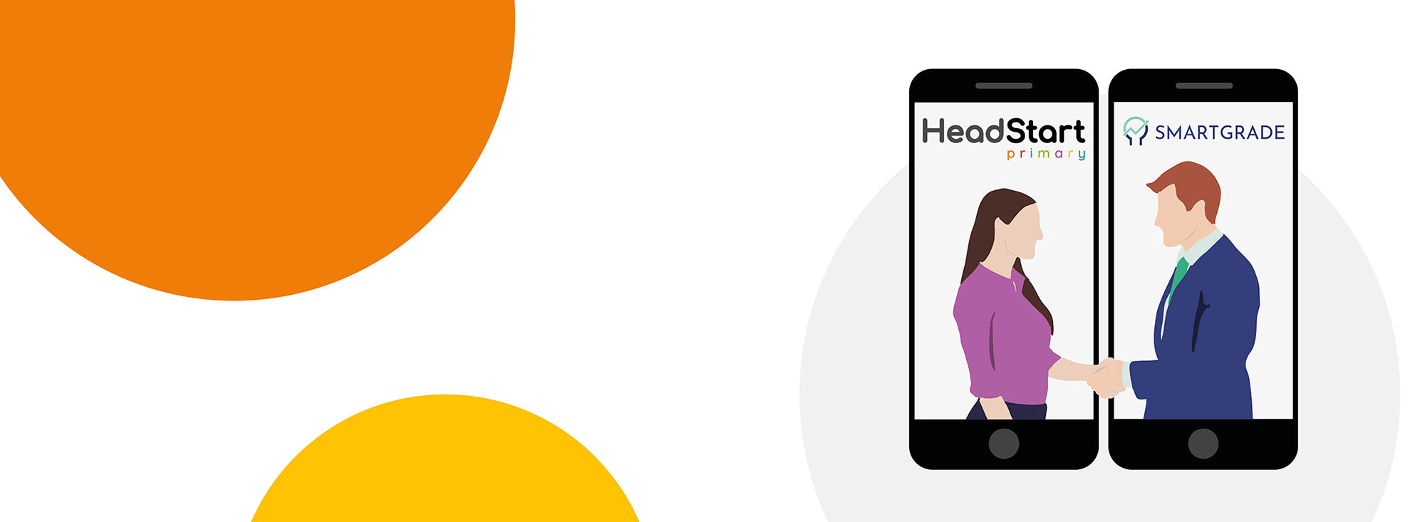Two smartphones displaying 'HeadStart' and 'SmartGrade' logos with two people shaking hands on a white background with orange and yellow circles.