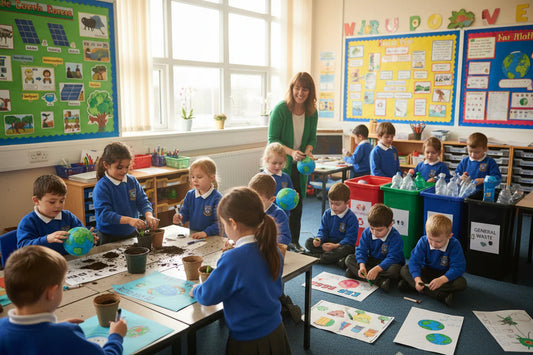 UK primary school children in their classroom taking part in Earth Day activities and crafts