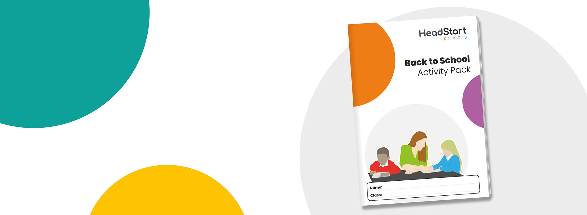 A book cover for the HeadStart Back to School Activity Pack shown on a white background with decorative teal, yellow, and gray shapes. The cover features the HeadStart logo and colorful illustrations of children sitting at a desk.